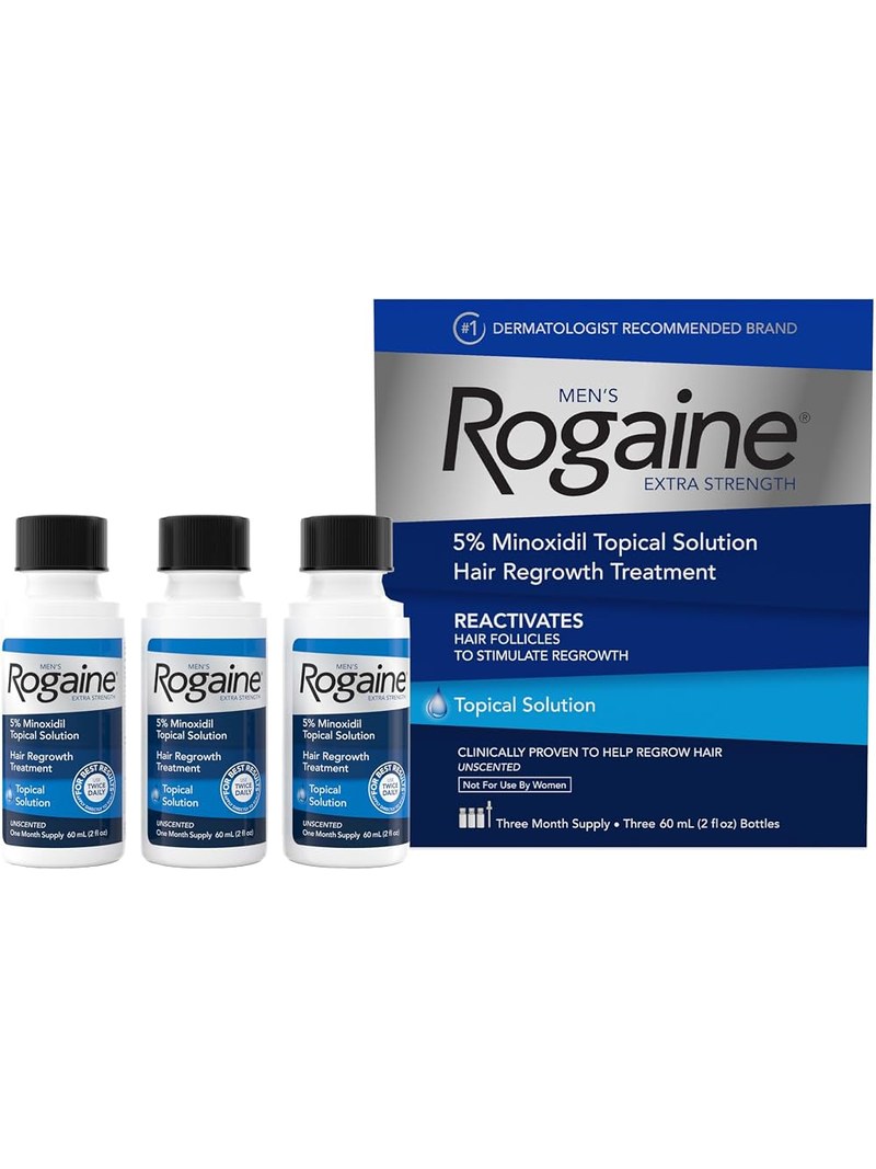 Men's Rogaine Extra Strength 5% Minoxidil Topical Solution, 3-month supply — box and three 60 ml bottles