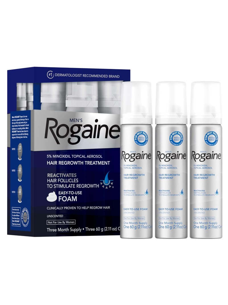 Men's Rogaine 5% Minoxidil Foam, 3-month supply — box and three 60 g cans